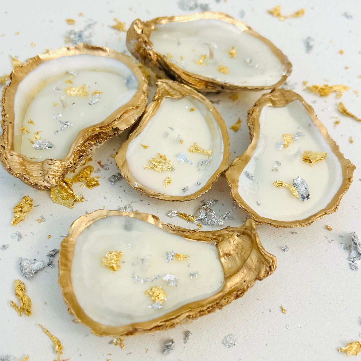 Set of 10 Silver and Gold Flaked with Gold Trim Oyster Shell Candles