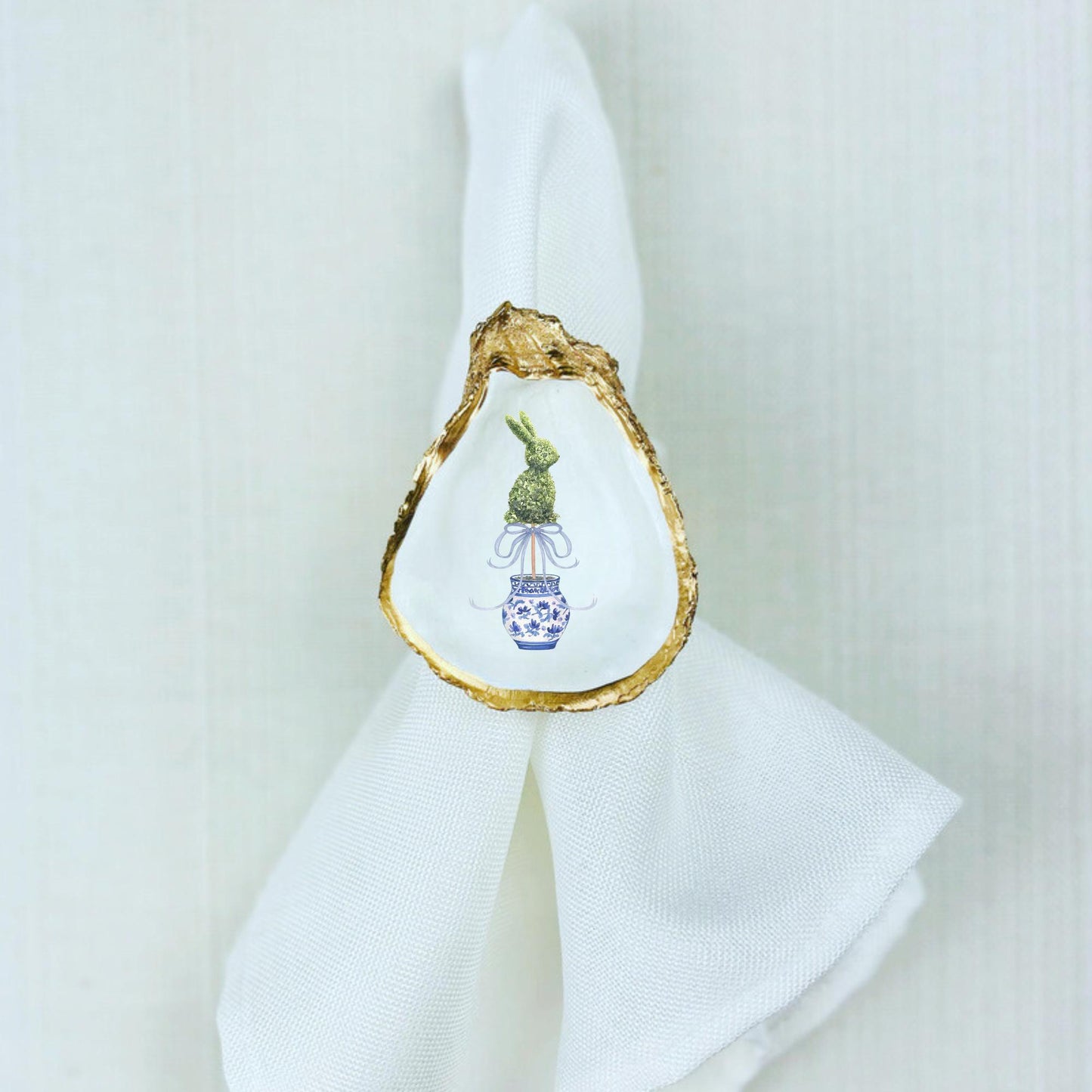Floral Easter Bunny Chinoiserie Oyster Shell Rattan Napkin Ring