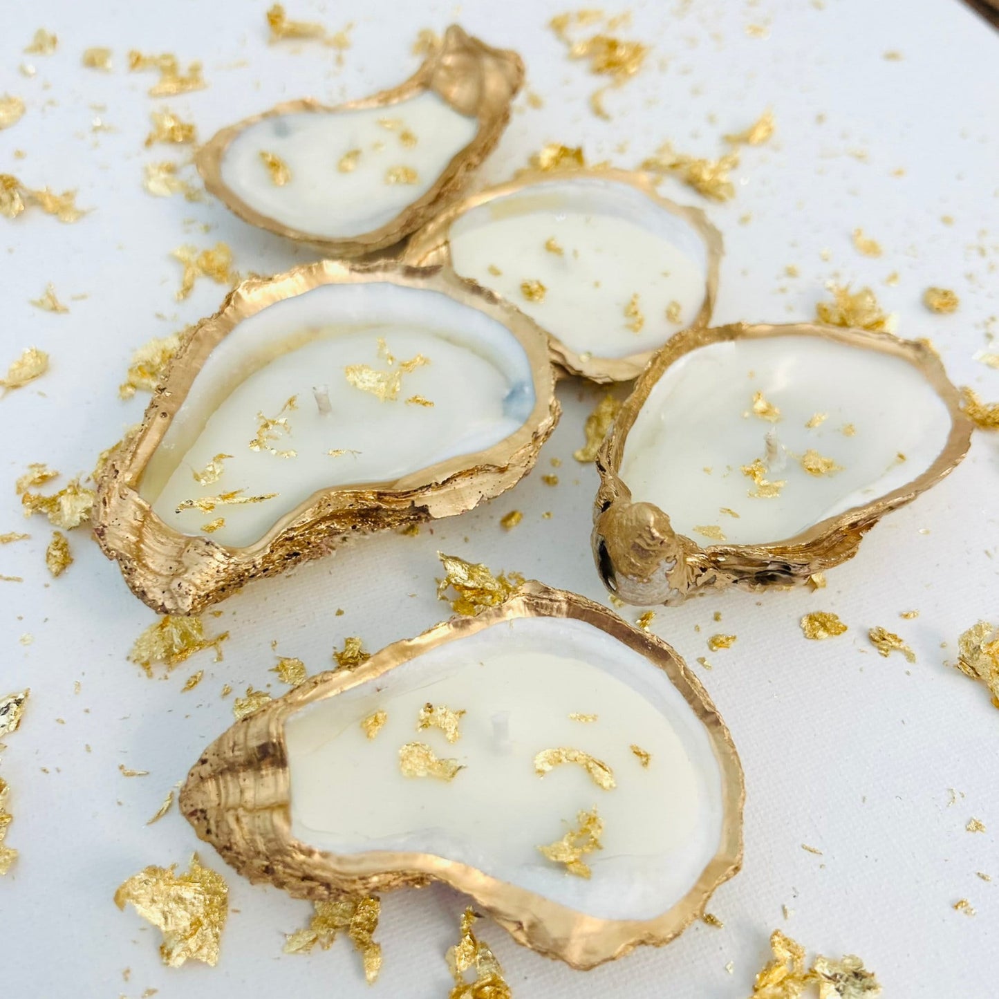 Set of 10 Gold Flaked Gold Edged Oyster Shell Candles
