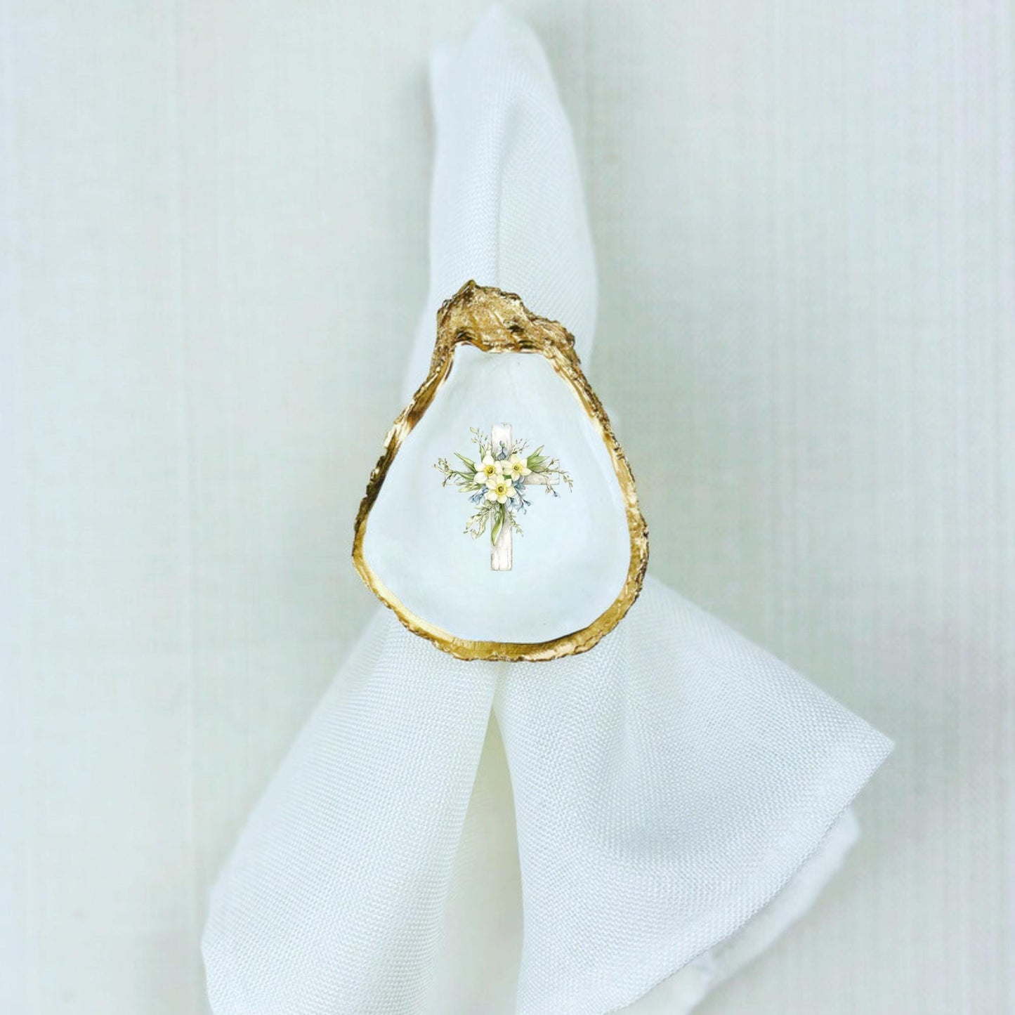 Easter Floral Cross Oyster Shell Rattan Napkin Ring