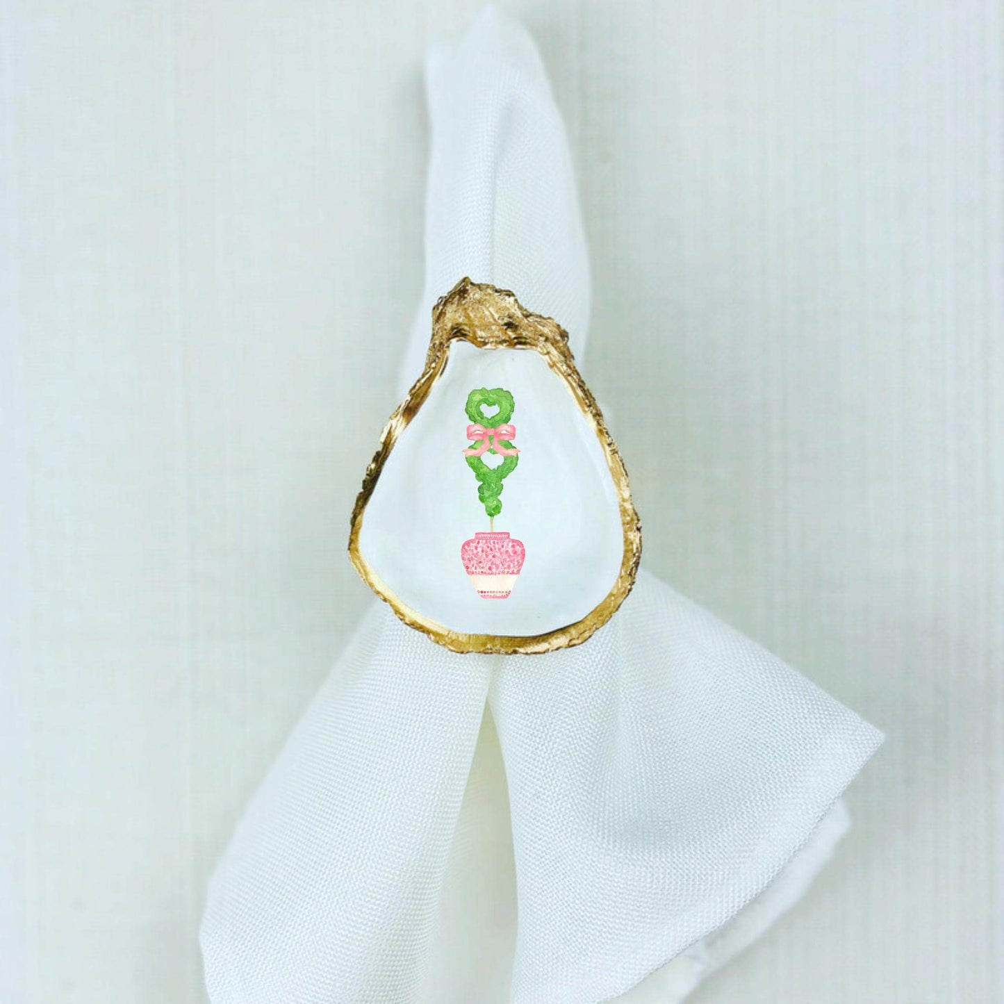 Pink Heart Floral Chinoiserie Watercolor Oyster Shell Rattan Napkin Ring