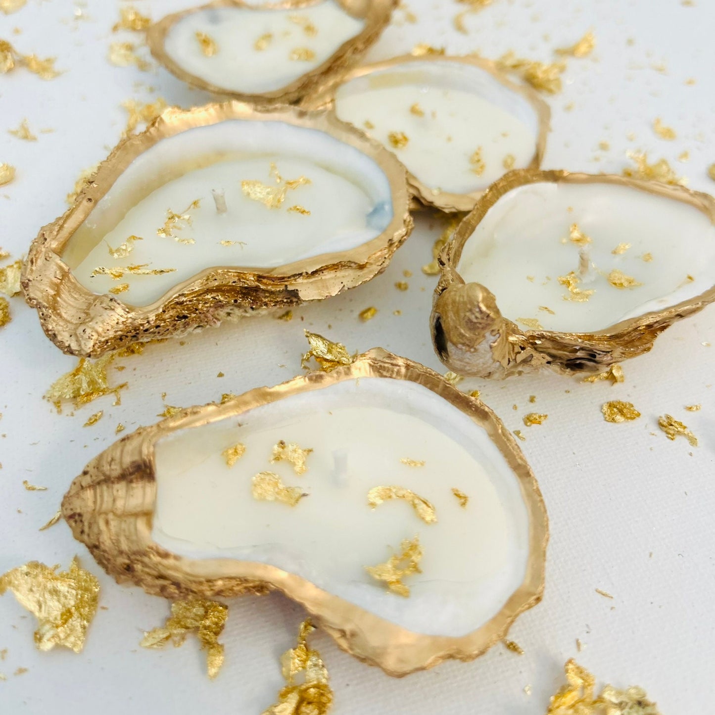 Set of 10 Gold Flaked Gold Edged Oyster Shell Candles