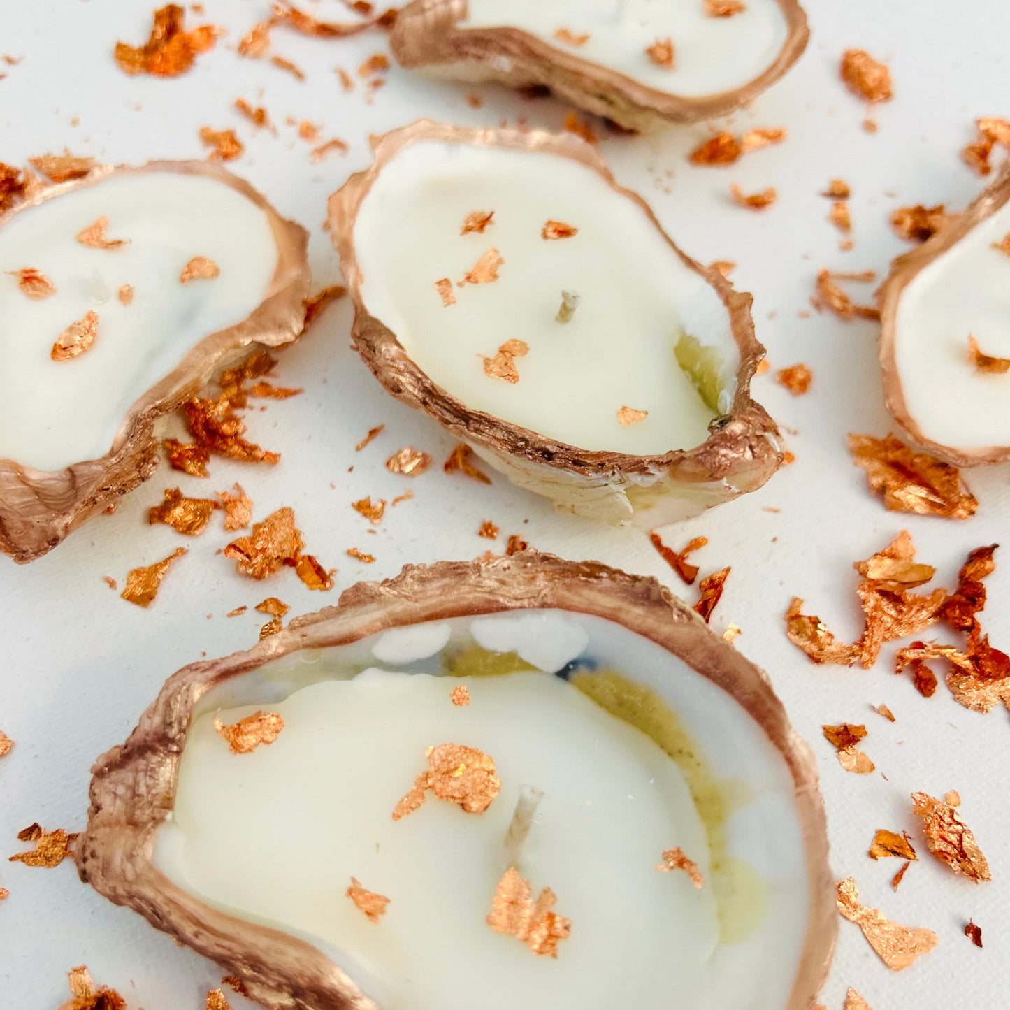 Set of 10 Rose Gold Flaked Rose Gold Edged Oyster Shell Candles