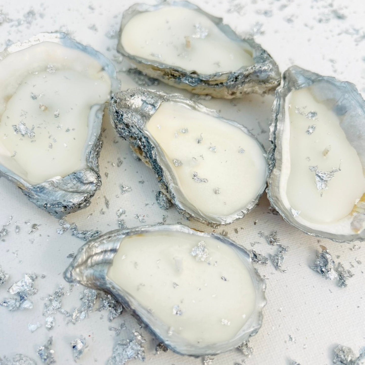 Set of 10 Silver Flaked Silver Edged Oyster Shell Candles