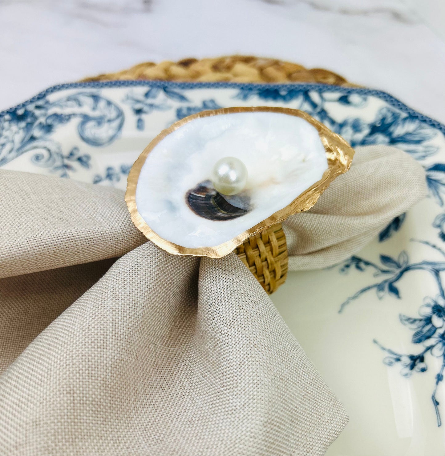 Natural Oyster Shell with Pearl Rattan Napkin Ring