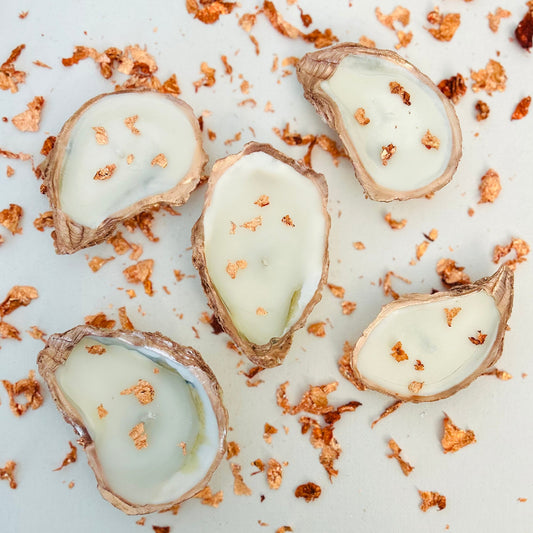 Set of 10 Rose Gold Flaked Rose Gold Edged Oyster Shell Candles