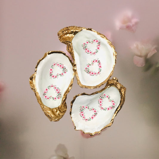 Double Heart of Roses Floral Valentine Oyster Shell Ring Dish